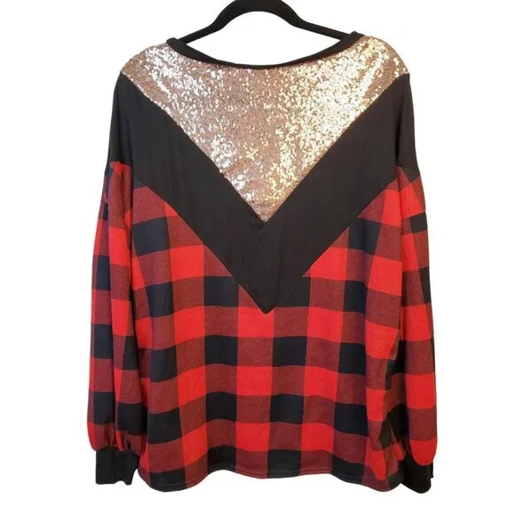 Bibi Women's Shirt Plaid M Red Black Long Sleeve Rose Gold Sequins NWOT - Picture 7 of 10
